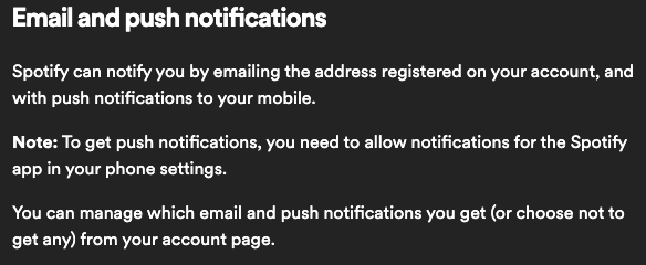 Push and Email Notification' from Spotify
